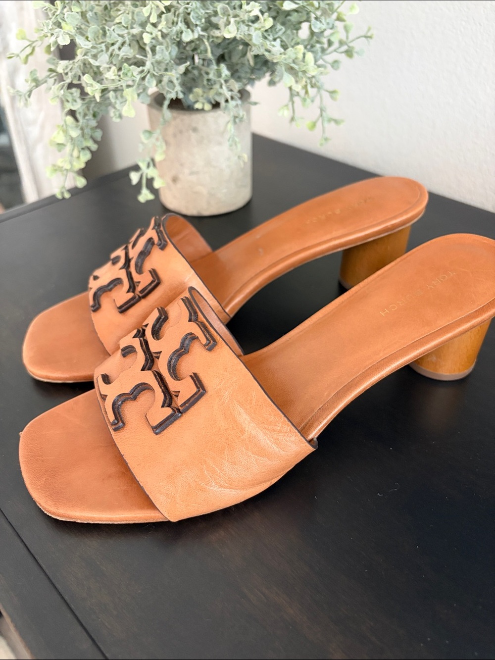 Tory Burch Ines Heeled  Mule Cognac Leather Logo - Picture 5 of 15
